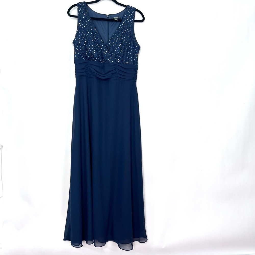 R&M Richards Navy Beaded V-Neck Maxi Dress